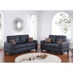 Living Room Furniture 2pc Sofa Set Black Faux Leather Tufted Sofa Loveseat W Pillows Cushion Couch - Image 4