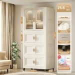 25.59 Side Wide Folding Wardrobe , 25.59x15.75x70.87 , With Magnetic Door, Plastic Storage Cabinet With Wheels One Layer Of Wardrobe X Three Layers Of Folding Boxesx10 Hangers