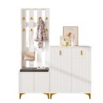Wardrobe Set With Shoe Bench And Cushion, Wardrobe Front With Hooks, Shoe Cabinet With Drawers And Doors - Image 2