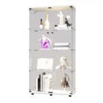 Two-door LED Lights Glass Display Cabinet 4 Shelves With Door, Floor Standing Curio Bookshelf For Living Room Bedroom Office, 64.7x31.7x14.3, White - Image 7