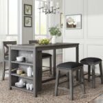 TOPMAX 5 Pieces Counter Height Rustic Farmhouse Dining Room Wooden Bar Table Set With 2 Stools And 2 Chairs, Gray