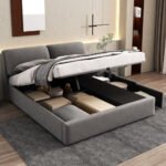 Upholstered Bed,King Size Bed-5ftm  150x200cm, Hydraulic Bed, Three Drawers, Bed Box For Storage, Slatted Frame With Headboard, Without Mattress, Velvet, Grey - Image 4