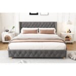 Upholstered Bed,King Size Bed-5ft 150x200cm ,With Slatted Frame And Headboard, Button Upholstery, Rivet Upholstery, Wooden Legs, Velvet, Grey - Image 5