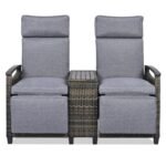 Terrace Lounge Chair Double Sofa, Adjustable Backrest Willow Outdoor Leisure Chair Set, Equipped With Acacia Wood Armrests And Built-in Storage Table, Gray, Prohibited Platform Temu - Image 2