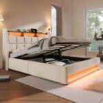 Upholstered Double Bed 180 X 200 Cm Cm With LED Lighting, USB Type-C Charging Function, Storage Headboard, 6FT Super King Size Storage Bed Frame With Metal Slatted Frame, Linen, Beige No Mattress - Image 3