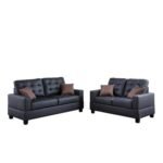 Living Room Furniture 2pc Sofa Set Black Faux Leather Tufted Sofa Loveseat W Pillows Cushion Couch - Image 6