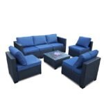 Seven-Piece Sofa Set Table With Sofa Chair Black PE Rattan Outdoor Furniture 7-JH001 Box 3-1-2-3 With Blue Color Cushion - Image 4