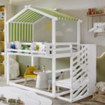 Bunk Bed, Teen Bed, Children's Bed, 3ft 90x190cm, MDF  Pinewood  Plywood, Decorative Canopy, Corner Staircase, With A Small Picture Bookshelf, White  Green