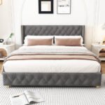 Upholstered Bed,King Size Bed-5ft 150x200cm ,With Slatted Frame And Headboard, Button Upholstery, Rivet Upholstery, Wooden Legs, Velvet, Grey