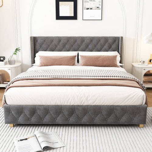Upholstered Bed,King Size Bed-5ft 150x200cm ,With Slatted Frame And Headboard, Button Upholstery, Rivet Upholstery, Wooden Legs, Velvet, Grey