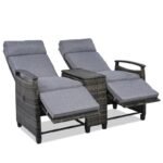 Terrace Lounge Chair Double Sofa, Adjustable Backrest Willow Outdoor Leisure Chair Set, Equipped With Acacia Wood Armrests And Built-in Storage Table, Gray, Prohibited Platform Temu - Image 3