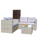 4 Piece Patio Sectional Wicker Rattan Outdoor Furniture Sofa Set With Storage Box Grey - Image 4