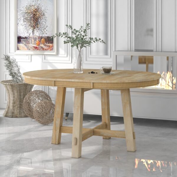 TREXM Farmhouse Extendable Round Dining Table With 16 Leaf Natural Wood