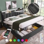 Upholstered Double Bed With USB Charging Function, Storage Headboard And LED Lighting, 5ft King Size Bed Storage Bed Frame 150 X 200 Cm, Wooden Slatted Frame, Grey No Mattress - Image 4