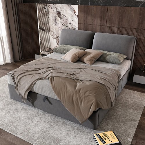 Upholstered Bed,King Size Bed-5ftm  150x200cm, Hydraulic Bed, Three Drawers, Bed Box For Storage, Slatted Frame With Headboard, Without Mattress, Velvet, Grey