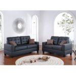 Living Room Furniture 2pc Sofa Set Black Faux Leather Tufted Sofa Loveseat W Pillows Cushion Couch - Image 3