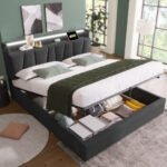 Upholstered Double Bed With USB Charging Function, Storage Headboard And LED Lighting, 5ft King Size Bed Storage Bed Frame 150 X 200 Cm, Wooden Slatted Frame, Grey No Mattress