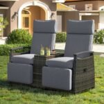 Terrace Lounge Chair Double Sofa, Adjustable Backrest Willow Outdoor Leisure Chair Set, Equipped With Acacia Wood Armrests And Built-in Storage Table, Gray, Prohibited Platform Temu
