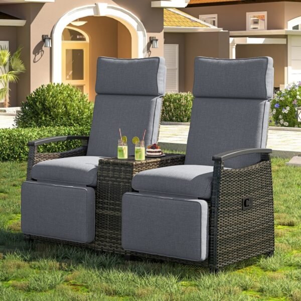 Terrace Lounge Chair Double Sofa, Adjustable Backrest Willow Outdoor Leisure Chair Set, Equipped With Acacia Wood Armrests And Built-in Storage Table, Gray, Prohibited Platform Temu