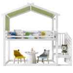 Bunk Bed, Teen Bed, Children's Bed, 3ft 90x190cm, MDF  Pinewood  Plywood, Decorative Canopy, Corner Staircase, With A Small Picture Bookshelf, White  Green - Image 3