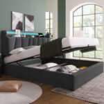 Upholstered Double Bed With USB Charging Function, Storage Headboard And LED Lighting, 5ft King Size Bed Storage Bed Frame 150 X 200 Cm, Wooden Slatted Frame, Grey No Mattress - Image 5