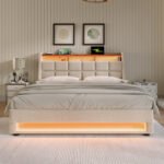 Upholstered Double Bed 150 X 200 Cm With LED Lighting, USB Type-C Charging Function, Storage Headboard, 5FT King Size Storage Bed Frame With Metal Slatted Frame, Linen, Beige No Mattress - Image 7
