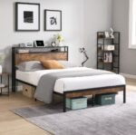 King Size Metal Platform Bed Frame With Wooden Headboard And Footboard With USB LINER
