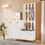 Wardrobe Set With Shoe Bench And Cushion, Wardrobe Front With Hooks, Shoe Cabinet With Drawers And Doors