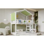 Bunk Bed, Teen Bed, Children's Bed, 3ft 90x190cm, MDF  Pinewood  Plywood, Decorative Canopy, Corner Staircase, With A Small Picture Bookshelf, White  Green - Image 7