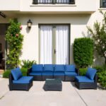 Seven-Piece Sofa Set Table With Sofa Chair Black PE Rattan Outdoor Furniture 7-JH001 Box 3-1-2-3 With Blue Color Cushion