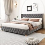 Upholstered Bed,King Size Bed-5ft 150x200cm ,With Slatted Frame And Headboard, Button Upholstery, Rivet Upholstery, Wooden Legs, Velvet, Grey - Image 2