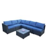 Seven-Piece Sofa Set Table With Sofa Chair Black PE Rattan Outdoor Furniture 7-JH001 Box 3-1-2-3 With Blue Color Cushion - Image 9