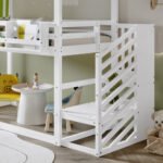 Bunk Bed, Teen Bed, Children's Bed, 3ft 90x190cm, MDF  Pinewood  Plywood, Decorative Canopy, Corner Staircase, With A Small Picture Bookshelf, White  Green - Image 9