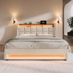 Upholstered Double Bed 150 X 200 Cm With LED Lighting, USB Type-C Charging Function, Storage Headboard, 5FT King Size Storage Bed Frame With Metal Slatted Frame, Linen, Beige No Mattress - Image 8