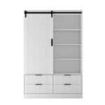 Tall Bedroom Armoire Wardrobe Closet Clothing Storage Cabinet With Hanging Rod Barn Door Drawers Open Shelves,White - Image 9