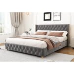 Upholstered Bed,King Size Bed-5ft 150x200cm ,With Slatted Frame And Headboard, Button Upholstery, Rivet Upholstery, Wooden Legs, Velvet, Grey - Image 6