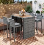 5-Piece Outdoor Patio Wicker Bar Set With Bar Height Chairs & Non-Slip Feet - Image 6
