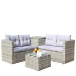 4 Piece Patio Sectional Wicker Rattan Outdoor Furniture Sofa Set With Storage Box Grey - Image 8