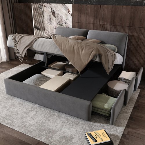 Upholstered Bed,Super King Size Bed-6ft  180X200cm, Hydraulic Bed, Three Drawers, Bed Box For Storage, Slatted Frame With Headboard, Without Mattress, Velvet, Grey