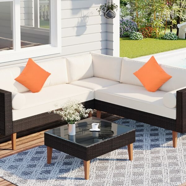 4-Piece Outdoor Wicker Sofa Set, L-Shape Patio Furniture With Colorful Pillows