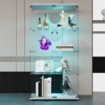 Two-door LED Lights Glass Display Cabinet 4 Shelves With Door, Floor Standing Curio Bookshelf For Living Room Bedroom Office, 64.7x31.7x14.3, White - Image 6