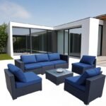 Seven-Piece Sofa Set Table With Sofa Chair Black PE Rattan Outdoor Furniture 7-JH001 Box 3-1-2-3 With Blue Color Cushion - Image 6
