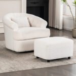 Swivel Chair With Ottoman, Modern Luxury Velvet Swivel Accent Chair, Comfy Round Armchair, Single Sofa Armchair With Lounge Seat For Bedroom Office Reading Spaces,Set Of 1,Off White