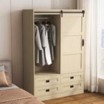 Tall Bedroom Armoire Wardrobe Closet Clothing Storage Cabinet With Hanging Rod Barn Door Drawers Open Shelves - Image 9