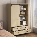 Tall Bedroom Armoire Wardrobe Closet Clothing Storage Cabinet With Hanging Rod Barn Door Drawers Open Shelves - Image 8