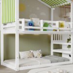 Bunk Bed, Teen Bed, Children's Bed, 3ft 90x190cm, MDF  Pinewood  Plywood, Decorative Canopy, Corner Staircase, With A Small Picture Bookshelf, White  Green - Image 10