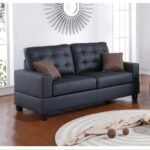 Living Room Furniture 2pc Sofa Set Black Faux Leather Tufted Sofa Loveseat W Pillows Cushion Couch - Image 9