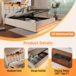 Upholstered Double Bed 180 X 200 Cm Cm With LED Lighting, USB Type-C Charging Function, Storage Headboard, 6FT Super King Size Storage Bed Frame With Metal Slatted Frame, Linen, Beige No Mattress - Image 7