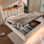 Upholstered Double Bed 150 X 200 Cm With LED Lighting, USB Type-C Charging Function, Storage Headboard, 5FT King Size Storage Bed Frame With Metal Slatted Frame, Linen, Beige No Mattress - Image 2