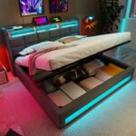 Upholstered Double Bed 150 X 200 Cm With LED Lighting, USB Type-C Charging Function, Storage Headboard, 5FT King Size Storage Bed Frame With Metal Slatted Frame, Linen, Grey No Mattress